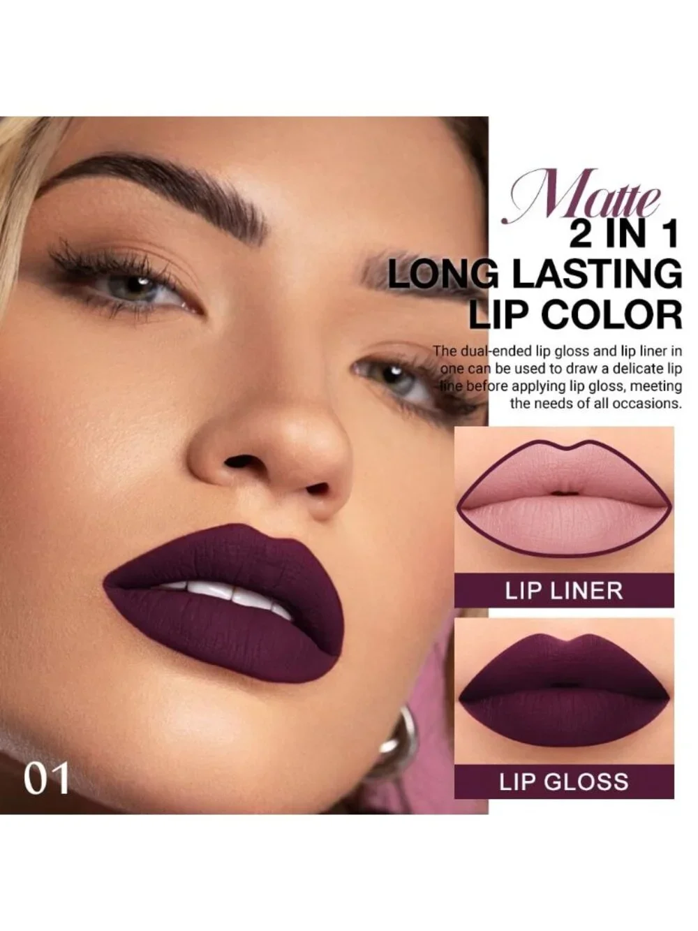 01#-Dark Plum Purple 2-in-1 Waterproof Long Lasting Double-Ended Liquid Lipstick